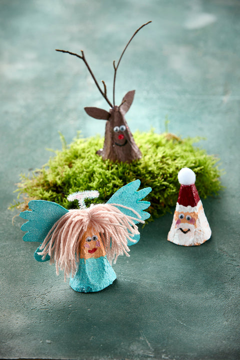 Sådan laver du en engel, julemanden og Rudolf ud af en æggebakke